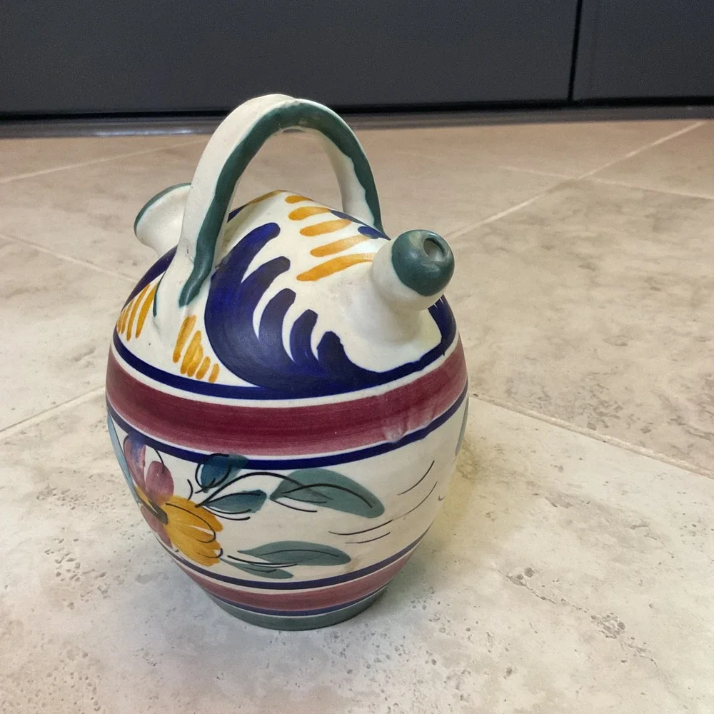 Vintage Talvera Botijo Ceramic Water 2 spout Jug Hand Painted Floral Pitcher
